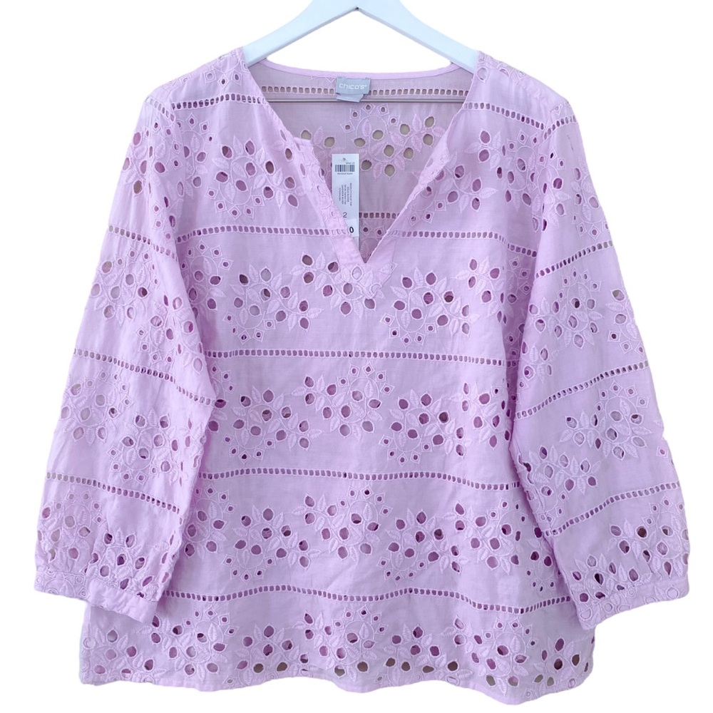 Chico’s NWT Lavender Blush Floral Embroidered Eyelet Blouse Size 2 (US 12/14) - Picture 5 of 8